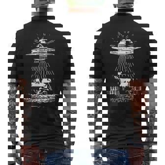 UFO Cow Abduction Alien Beam Retro SciFi Graphic Men's Back Print T-Shirt | Mazezy