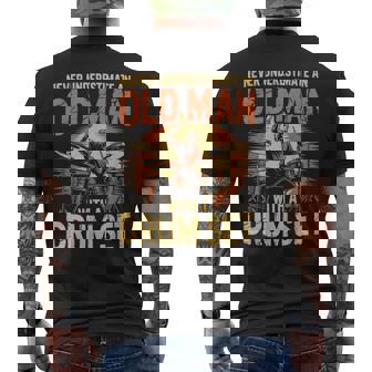 Never Underestimate Old Man With Drum Set Drummer Drumming Men's Back Print T-Shirt | Mazezy