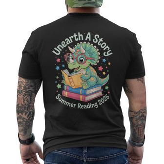 Unearth A Story Summer Reading 2026 Cute Dinosaur Reading Men's T-shirt Back Print | Seseable UK