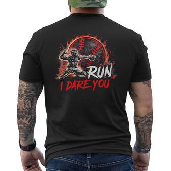 Vintage Baseball Catcher Boys Go Ahead Run I Dare You Men's T-shirt Back Print - Monsterry