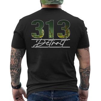 Vintage Detroit Michigan 313 Area Code Skyline Men's T-shirt Back Print | Mazezy