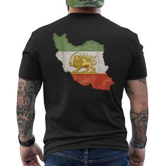 Vintage Persia Lion And Sun Flag Iran Map Heritage Men's T-shirt Back Print - Monsterry