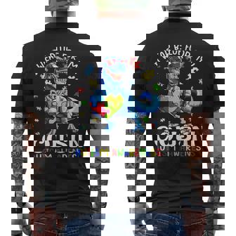 I Wear Blue For My Cousin Autism Awareness Dinosaur T Rex Men's T-shirt Back Print - Thegiftio