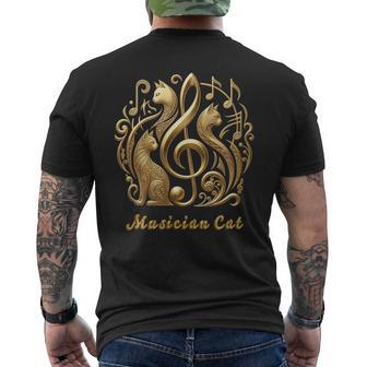 「Musician Cat 」 いつも猫気分 楽器と猫の調べ 音楽記号 猫エンブレム 肉球 メンズTシャツ バックプリント - Kawaiitshirt