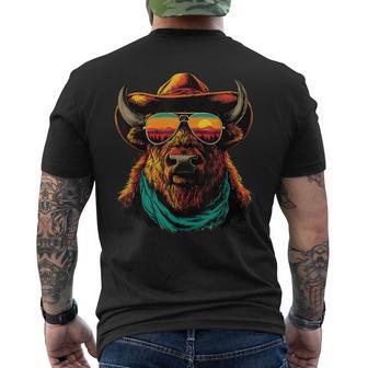 サングラス カラフル バイソン カウボーイ 動物 夕日 ウエスタン メンズTシャツ バックプリント - Kawaiitshirt