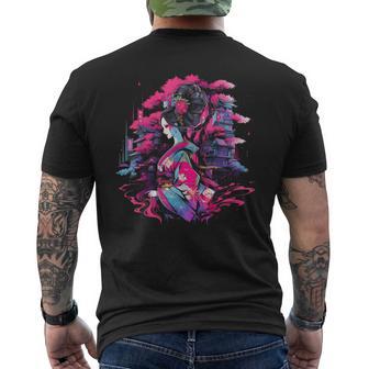 桜と芸者、サイバーパンク・イラストレーション メンズTシャツ バックプリント - Kawaiitshirt