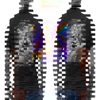 虹銀河のホットドッグに乗る宇宙の猫 メンズTシャツ バックプリント - Kawaiitshirt