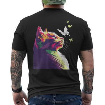 蝶と美しいカラフルな猫、パープル メンズTシャツ バックプリント - Kawaiitshirt