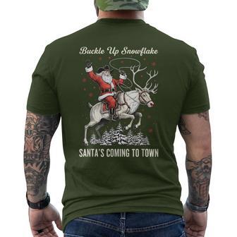 Buckle Up Snowflake Santa’S Coming To Town Western Men's T-shirt Back Print - Thegiftio UK