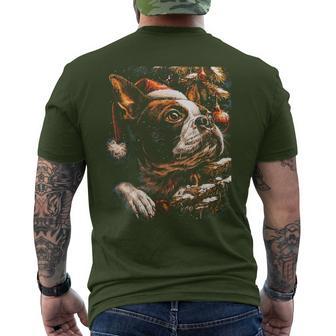 Christmas Boston Terrier Santa Hat Festive Winter Snowy Dog Men's T-shirt Back Print - Monsterry