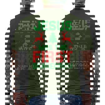 Jesus Was The First-Scarecrow Reindeer Ugly Sweater Xmas Men's T-shirt Back Print - Thegiftio