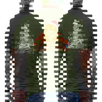 Orange Cat Christmas Reading Book Santa Hat Cat Lover Xmas Men's T-shirt Back Print - Monsterry