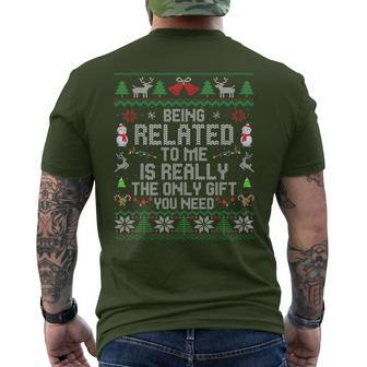 Being Related To Me Christmas Family Xmas Ugly Pajamas Men's T-shirt Back Print - Thegiftio UK