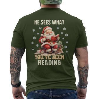 He Sees What You've Been Reading Santa Bookish Christmas Men's T-shirt Back Print - Thegiftio UK