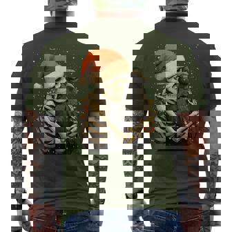 Skeleton Hugging Crow Santa Hat Snow Snowy Gothic Christmas Men's T-shirt Back Print - Monsterry