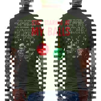 Stop Staring At My Balls Red Plaid Ugly Sweater Couple Men's T-shirt Back Print - Monsterry