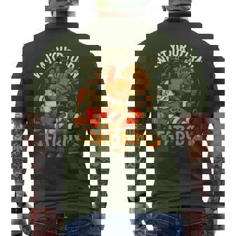 Wait Your Turn Fat Boy Thanksgiving Santa And Turkey Men's T-shirt Back Print - Monsterry