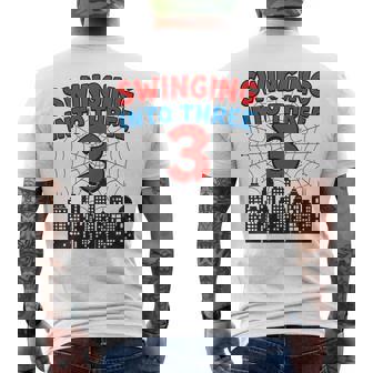 3Yr Old Boy Spider Theme 3Rd Birthday Swinging Into 3 Men's T-shirt Back Print - Seseable