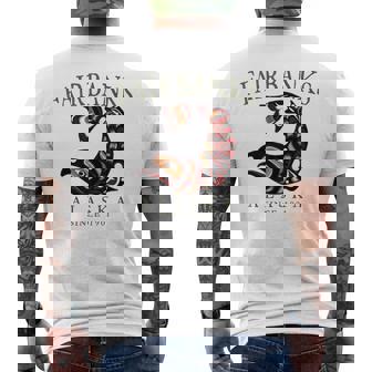 Fairbanks Alaska Salmon Since 1901 Arched Olive Letters Tank Top Men's Back Print T-Shirt | Mazezy