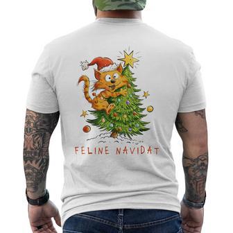 Feline Navidad Christmas Cat Tree Art Men's Back Print T-Shirt | Mazezy