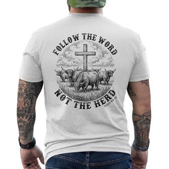 Follow The Word Not The Herd Highland Cow Cross Faith Men's T-shirt Back Print - Monsterry