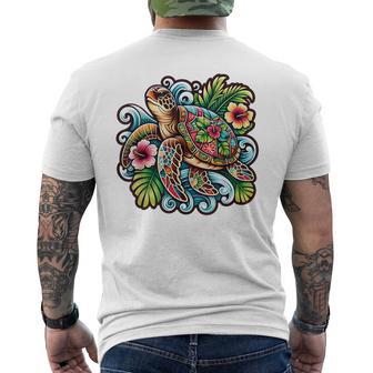 アロハ ウミガメ ハワイアン ホヌ フラワー ウェーブ オーシャン メンズTシャツ バックプリント - Kawaiitshirt