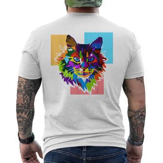 ペイントされた猫の顔 カラフル レインボー アートデザイン ギフトに最適 メンズTシャツ バックプリント - Kawaiitshirt