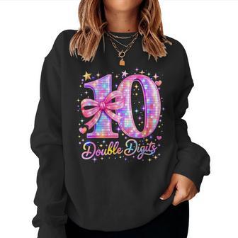 10Th Birthday Girl Pink Coquette Bow 10 Year Old Disco Ball Women Sweatshirt - Thegiftio UK