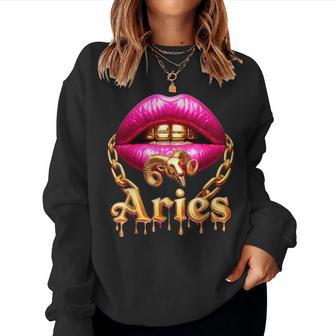 Aries Queen Girl Zodiac Birthday Pink Lips Gold Chain Women Sweatshirt - Thegiftio UK