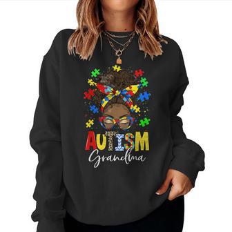Autism Awareness Support Grandma Afro Messy Bun Black Women Women Sweatshirt - Monsterry