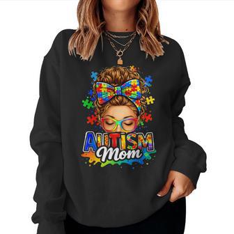 Autism Mom Puzzle Awareness Messy Bun Glasses Women Sweatshirt - Monsterry