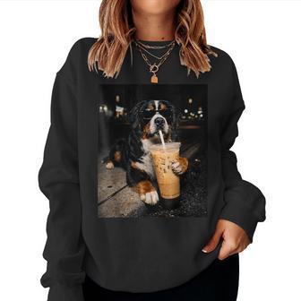 Bernese Mountain Drinking Iced Coffee Lover Humor Meme Women Sweatshirt - Thegiftio