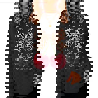 Cute Cherry Leopard Coquette Bow Cherries Girls Women Sweatshirt | Mazezy