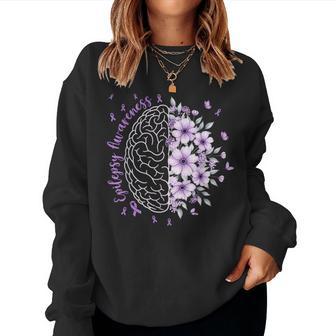 Epilepsy Awareness Floral Brain Purple Ribbon Warrior Women Women Sweatshirt - Thegiftio UK