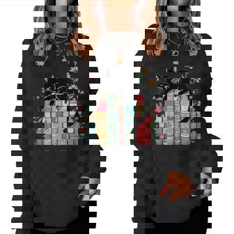 Floral Black Cat Sleeping On Books Women Sweatshirt | Mazezy