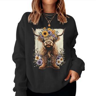 Floral Highland Cow Cowboy Boots Western Country Women Sweatshirt - Thegiftio UK