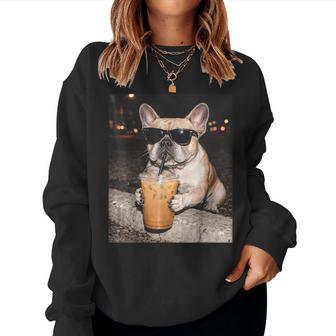 French Bulldog Drinking Iced Coffee Animal Women Sweatshirt - Monsterry