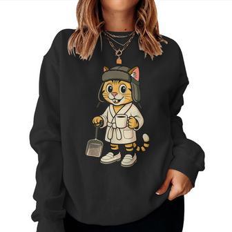 Cat Holding A Full Cup Of Coffee And Litter Box Scoop Women Sweatshirt - Monsterry