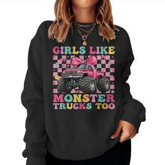 Girls Like Monster Trucks Too Pink Bow Truck For Girls Women Sweatshirt - Seseable
