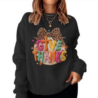Give Thanks Fall Leopard Coquette Bow Preppy Thanksgiving Women Sweatshirt - Monsterry