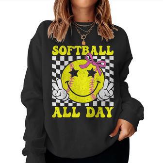 Groovy Softball All Day Softball Coquette Bow Softball Girl Women Sweatshirt - Thegiftio UK