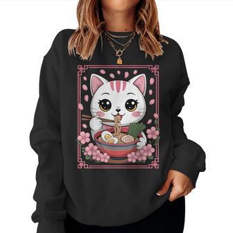Kawaii Cat Eating Ramen Noodles Japanese Anime Girls Ns Women Sweatshirt | Seseable CA