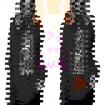 Messy Bun Skull Breast Cancer Awareness Fuck-Cancer Usa Flag Women Sweatshirt - Thegiftio