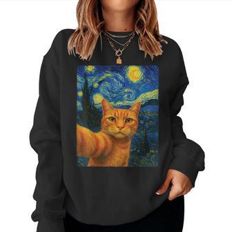 Orange Cat Selfie Van Gogh's Starry Night Cat Mom Cat Lovers Women Sweatshirt | Seseable UK