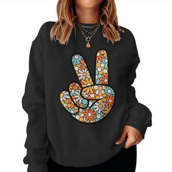 Peace Hand Sign Hippie Flower Groovy 60S 70S Party Outfit Women Sweatshirt - Thegiftio UK