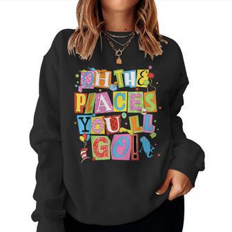 Reading Day Oh Places You Go Doctor Teacher Cat Hat Autism Women Sweatshirt - Thegiftio UK