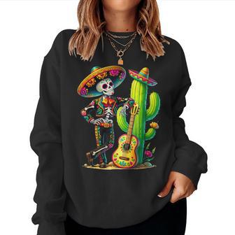 Skeleton Cinco De Mayo Mariachi Fiesta Guitar Cactus Women Sweatshirt - Monsterry