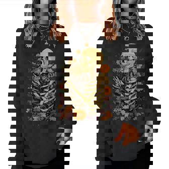 Skeleton Hugging Cat Floral Halloween Cats Lover Women Sweatshirt - Thegiftio