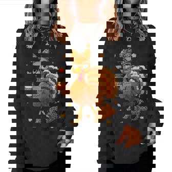 Turkey Drinking Coffee Thanksgiving Leopard Turkey Day Women Sweatshirt - Seseable