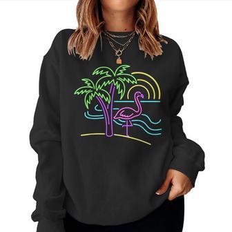 Vintage 80S Pink Flamingo Palm Tree Summer Vacation Beach Women Sweatshirt - Monsterry